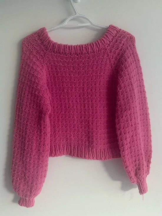 Chunky Knit Cropped Sweater Barbie Pink Balloon Sleeve Cozy Pullover - Picture 5 of 6